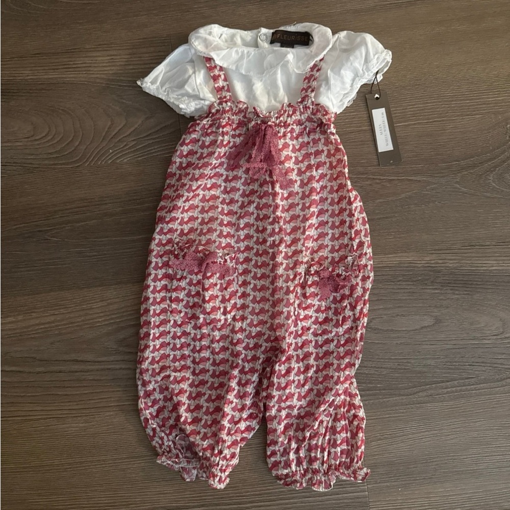 NWT Fleurisse ruffle and lace trim bodysuit and jumpsuit matching set 6 months